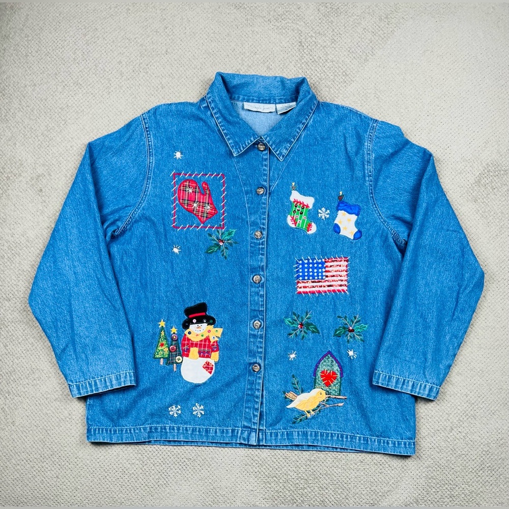 Victoria Jones Vintage Womens XL Holiday Appliqué Embroidered Button Denim Shirt